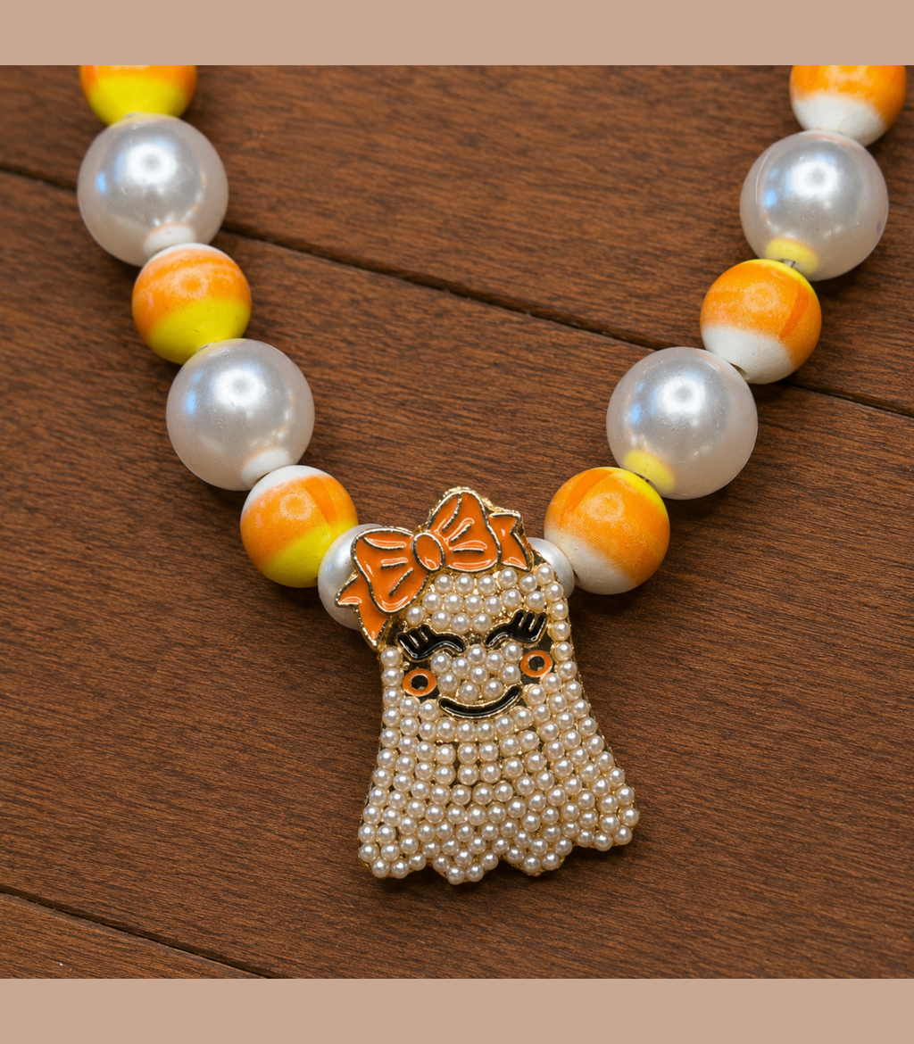 Candy Corn and Pearl Blingy Ghost Necklace