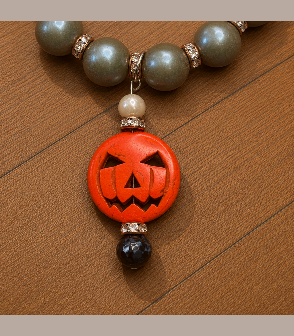 Grey Pearl Jack-O-Lantern Necklace (Eclectic Ruby Red Original)