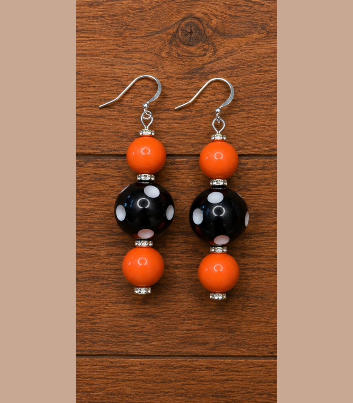 Polka Dot Beaded Earrings (Black, White and Orange)