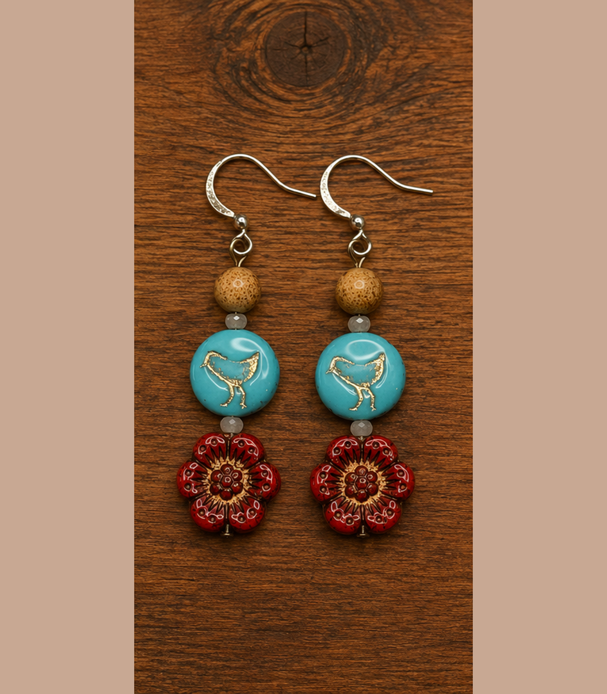 Czech Birds and Flowers Earrings (Blue and Red)