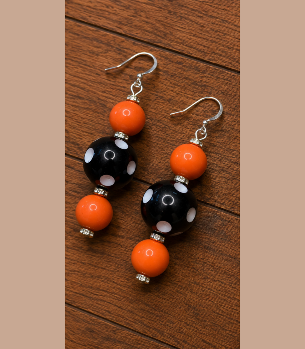 Polka Dot Beaded Earrings (Black, White and Orange)