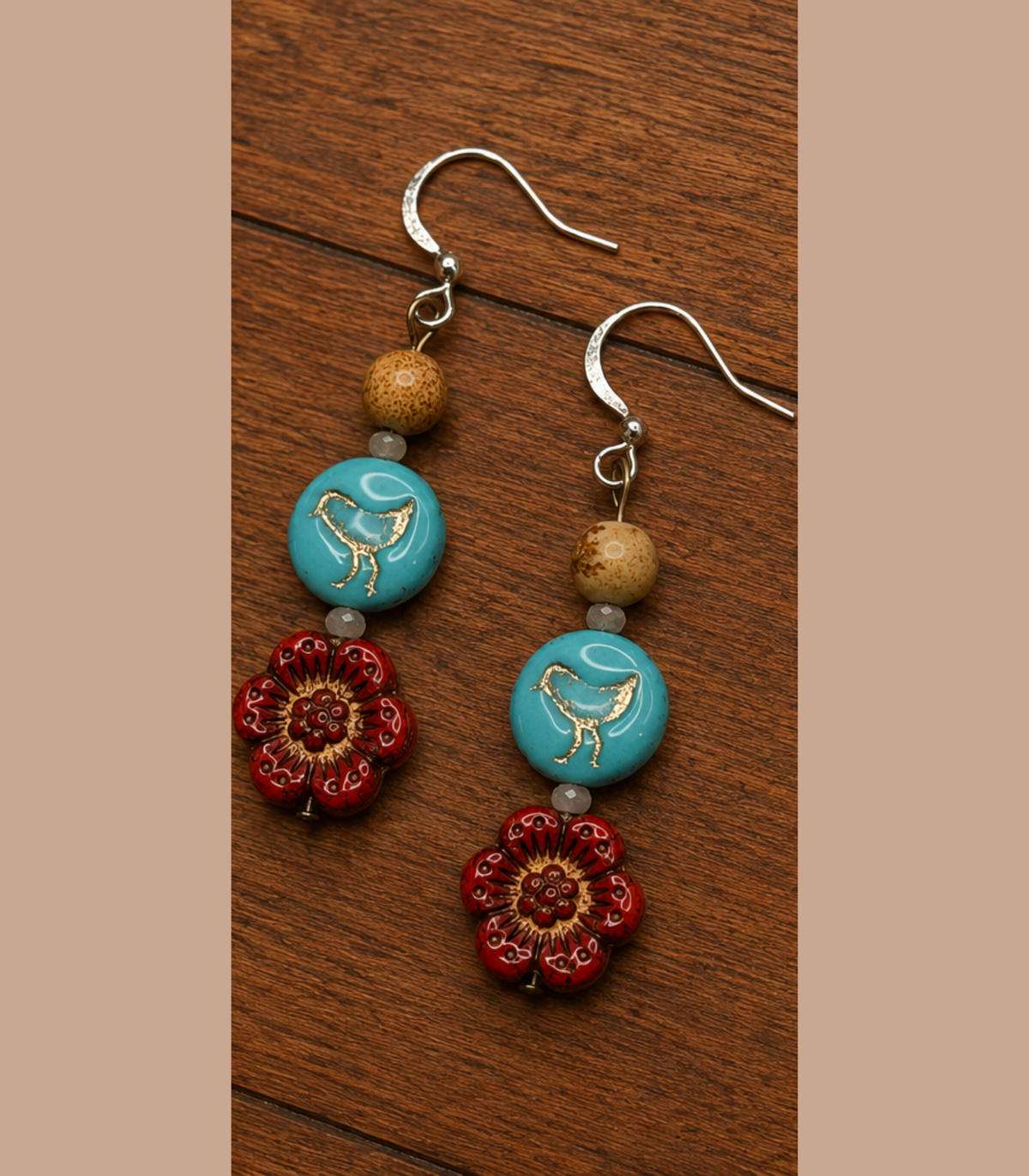 Czech Birds and Flowers Earrings (Blue and Red)