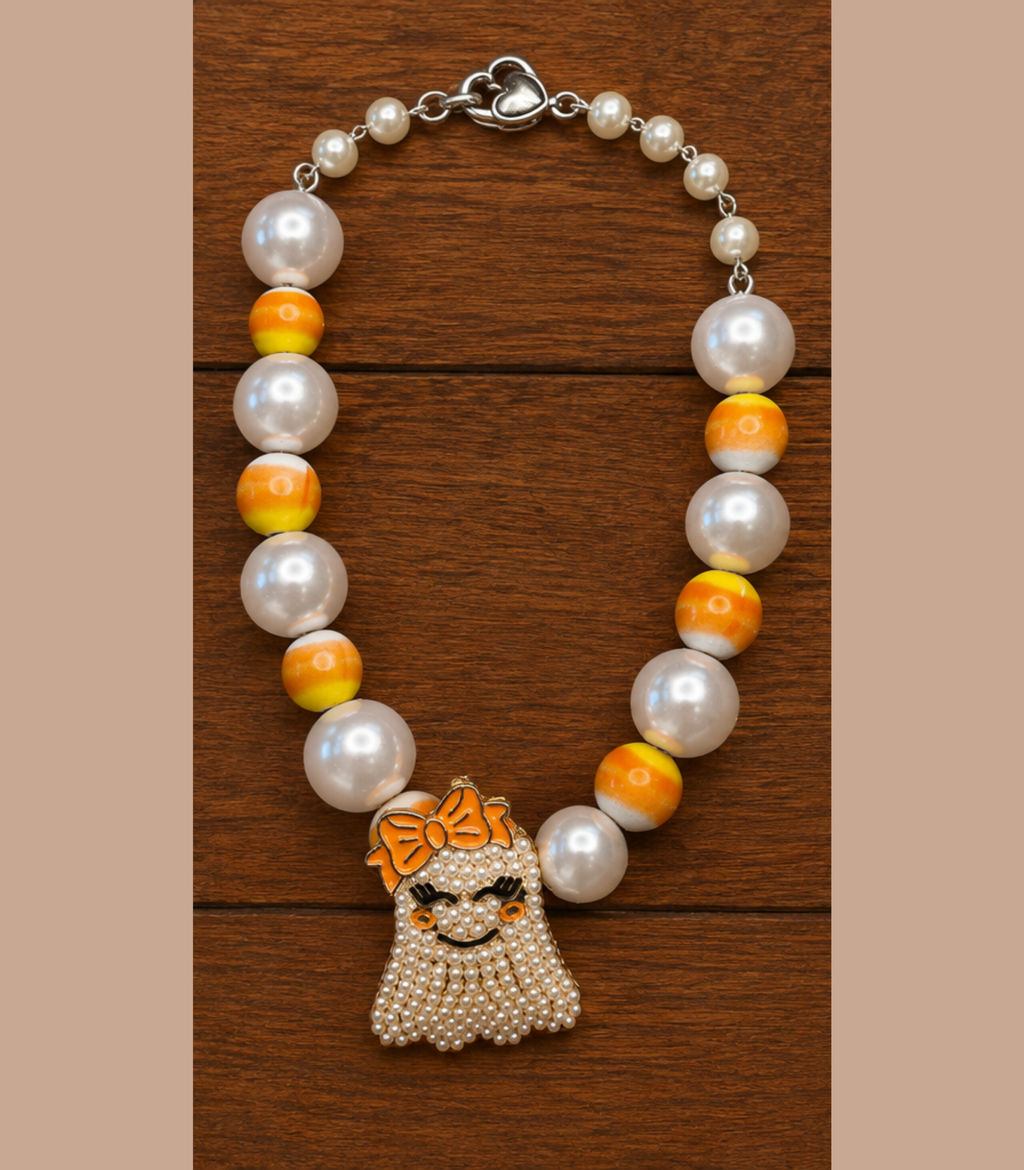 Candy Corn and Pearl Blingy Ghost Necklace