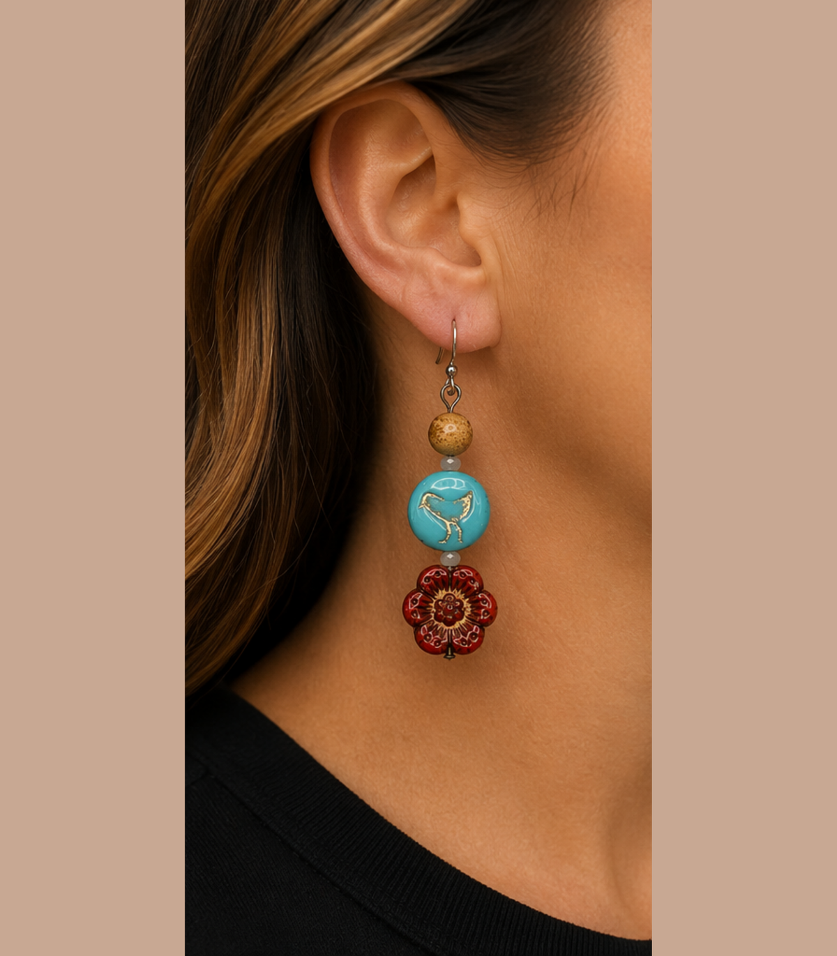 Czech Birds and Flowers Earrings (Blue and Red)