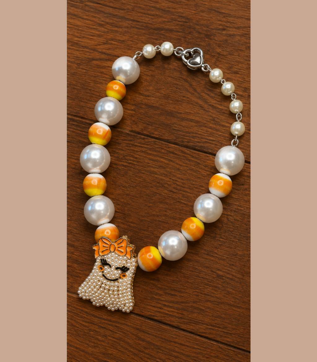 Candy Corn and Pearl Blingy Ghost Necklace