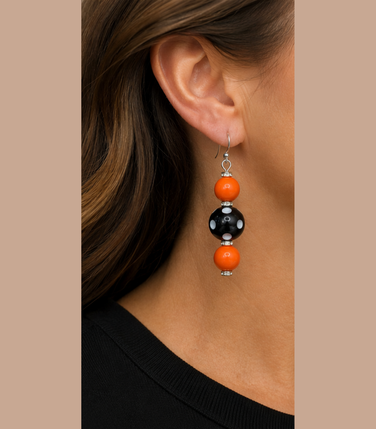 Polka Dot Beaded Earrings (Black, White and Orange)