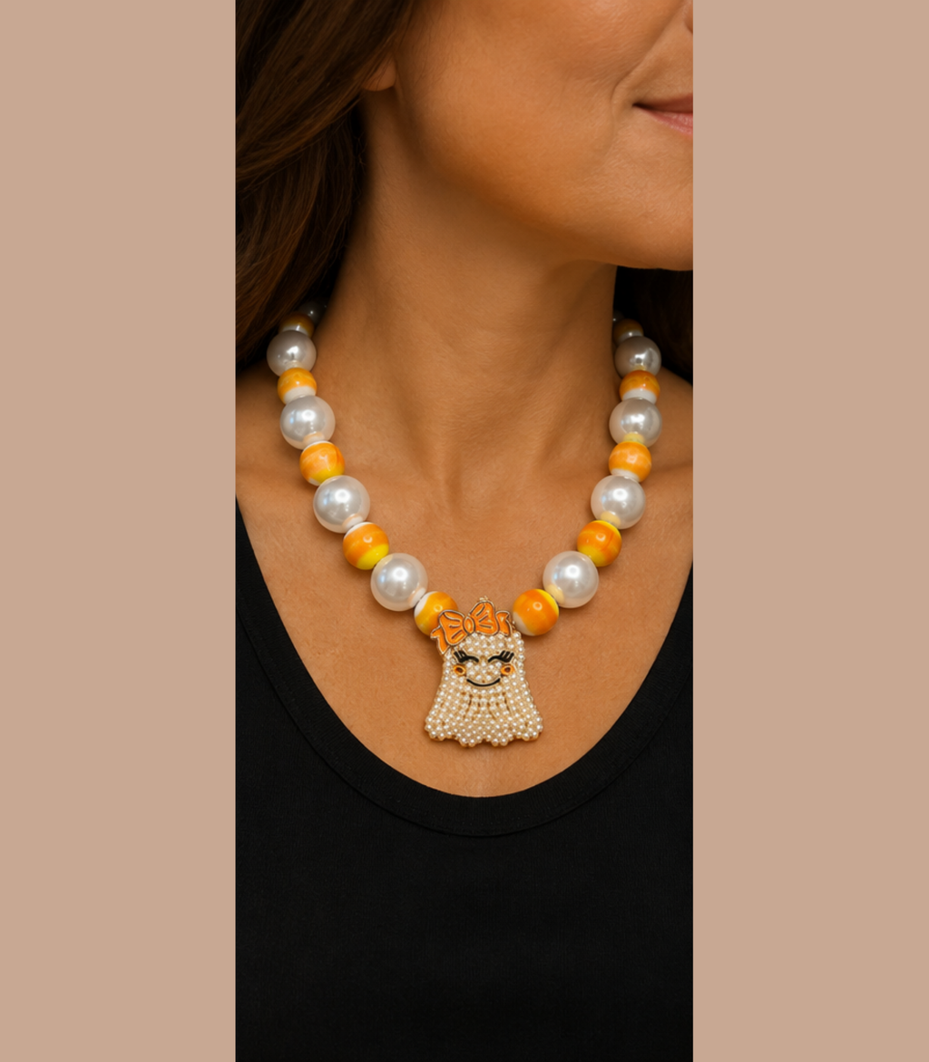 Candy Corn and Pearl Blingy Ghost Necklace