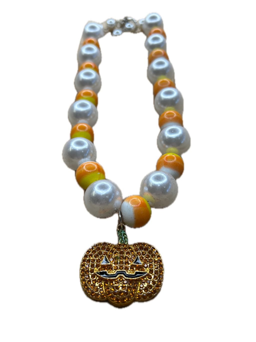 Candy Corn and Pearl Blingy Jack-O-Lantern Necklace (Eclectic Ruby Red Original)