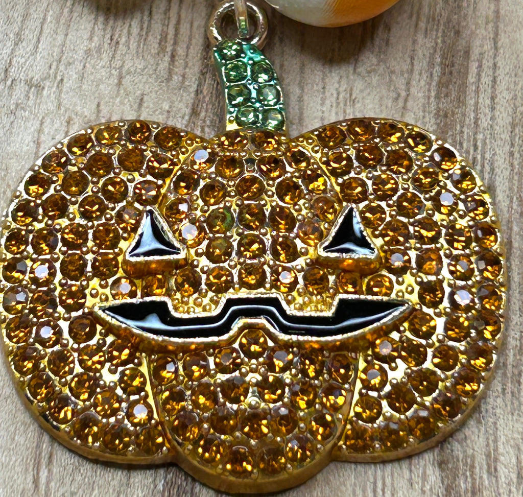 Candy Corn and Pearl Blingy Jack-O-Lantern Necklace (Eclectic Ruby Red Original)